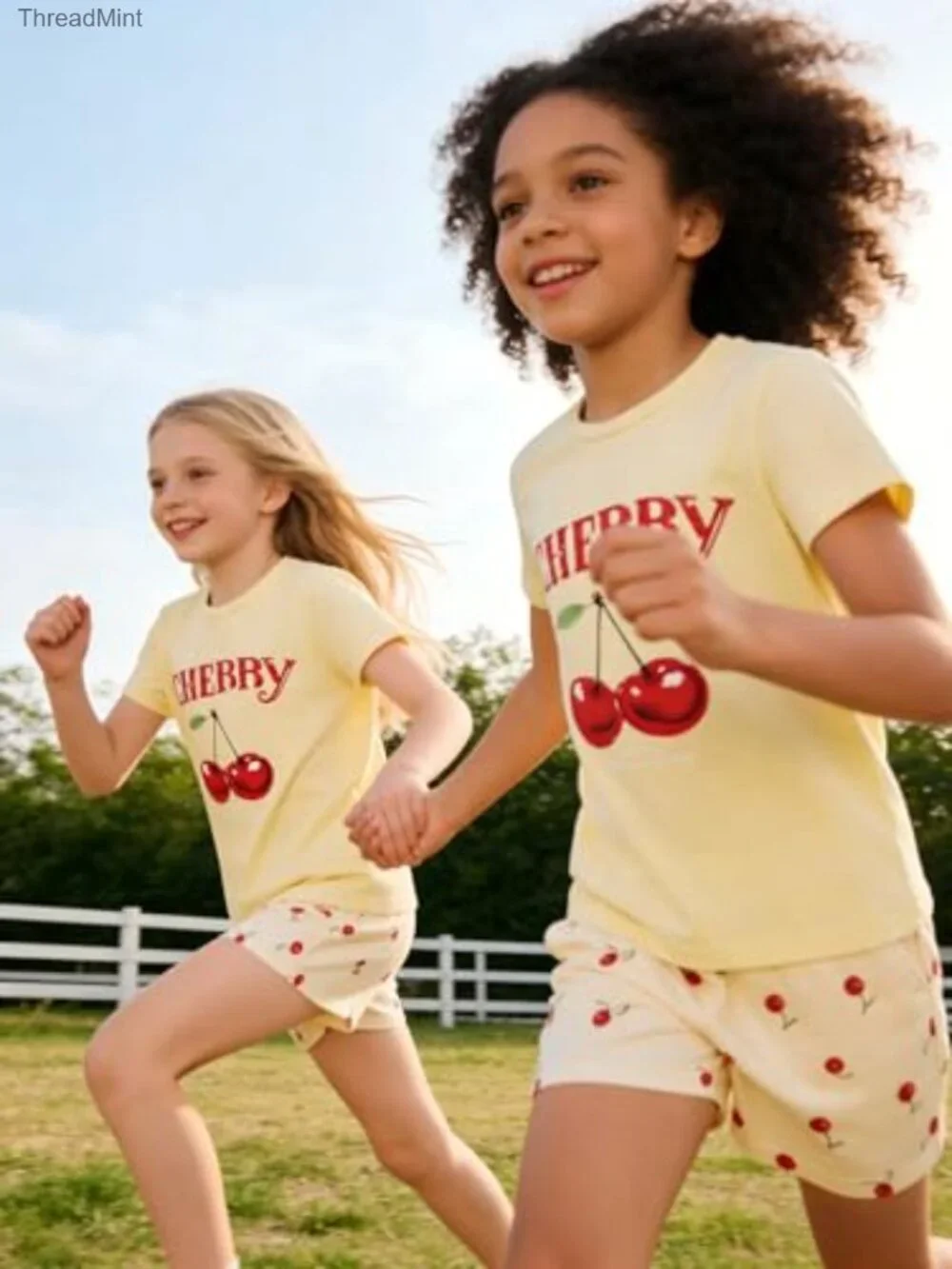 Girls Two Piece Cherry Short Set with Pockets M/L 7-14